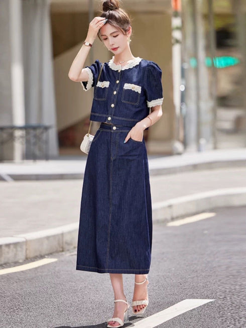 Ladies Denim Trendy Skirt With Lace Crop Tops Sets